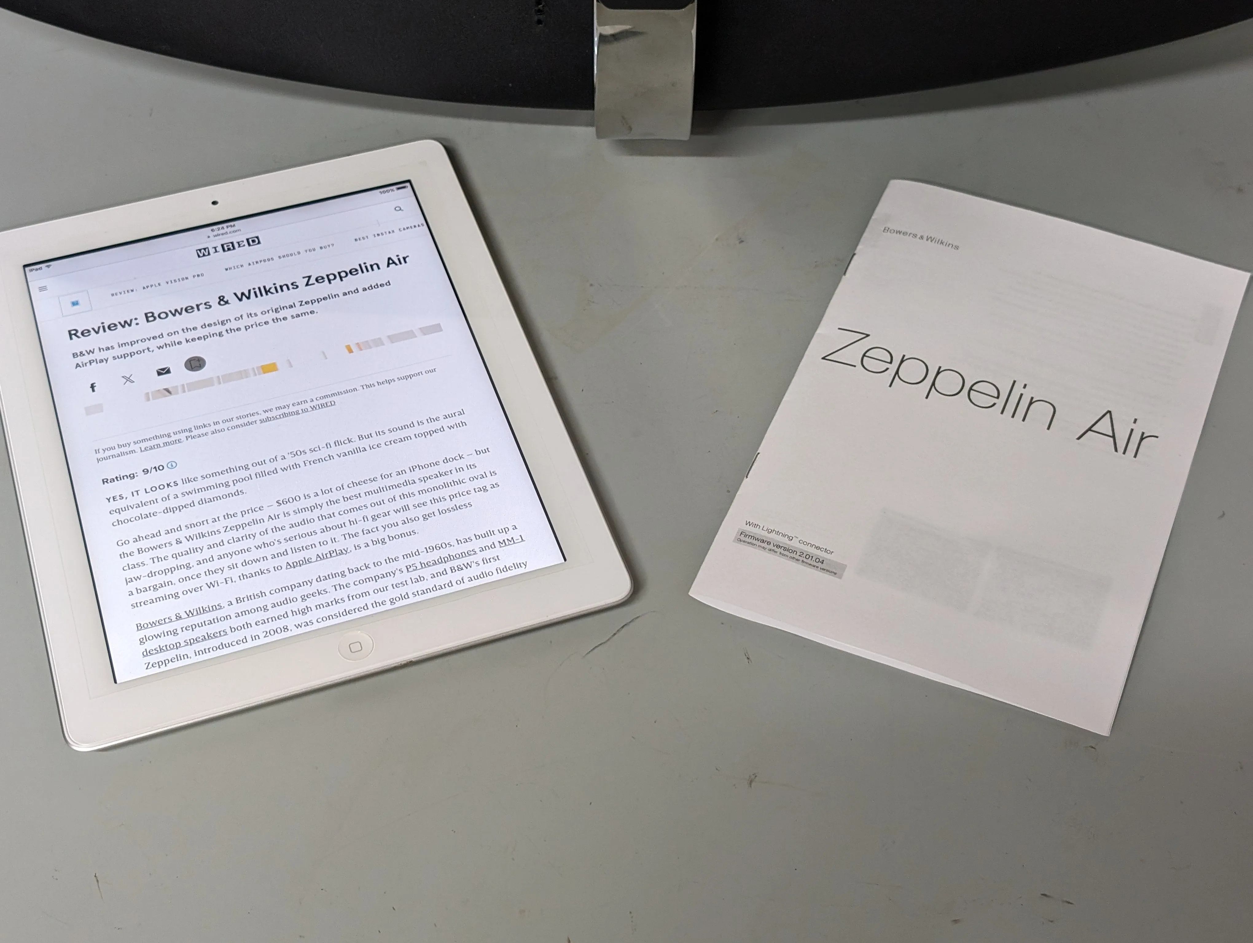 Bowers Wilkins Zeppelin Air Wireless Speaker, Power Cord, manual and iPad