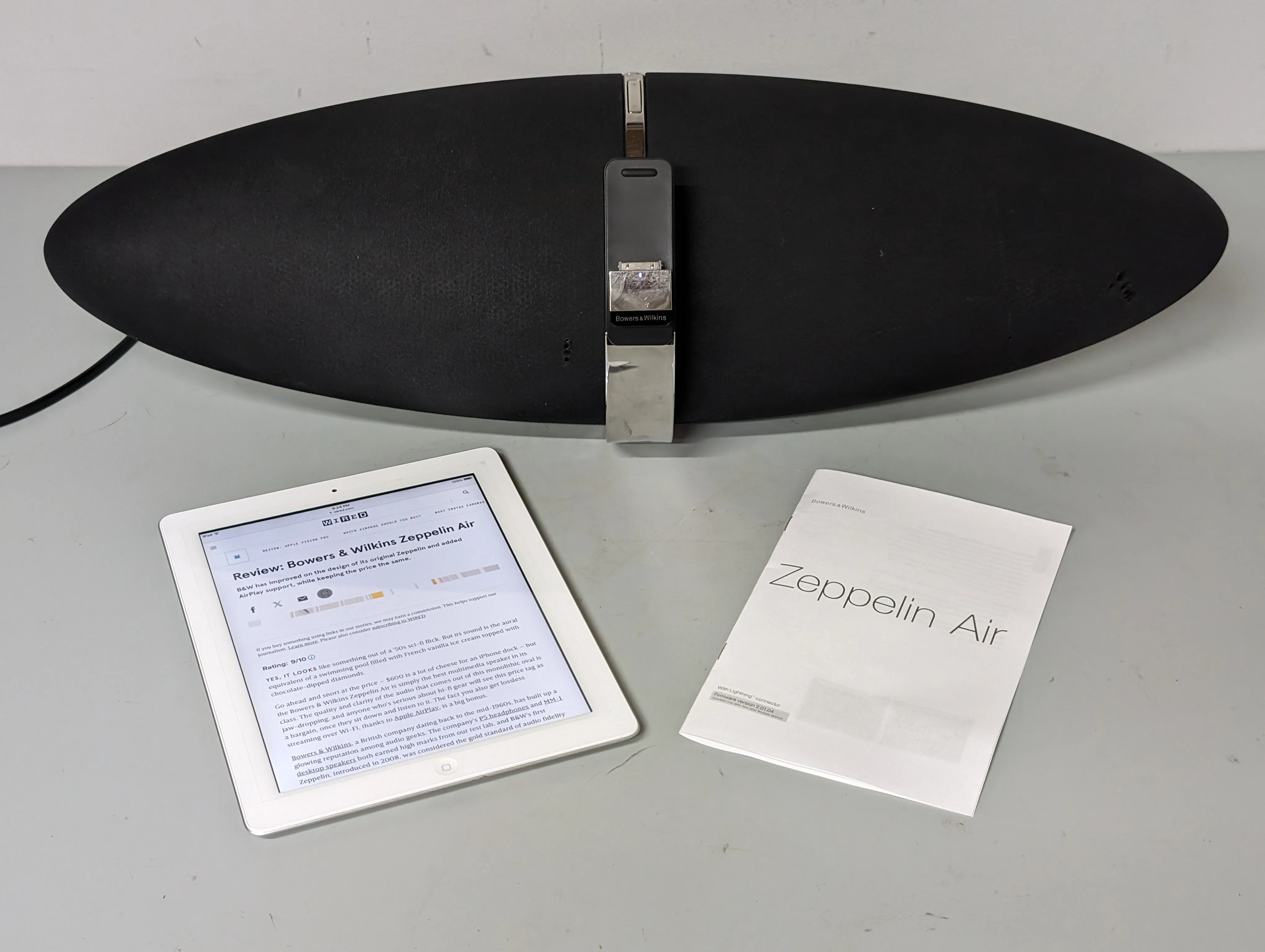 Bowers Wilkins Zeppelin Air Wireless Speaker, Power Cord, manual and iPad
