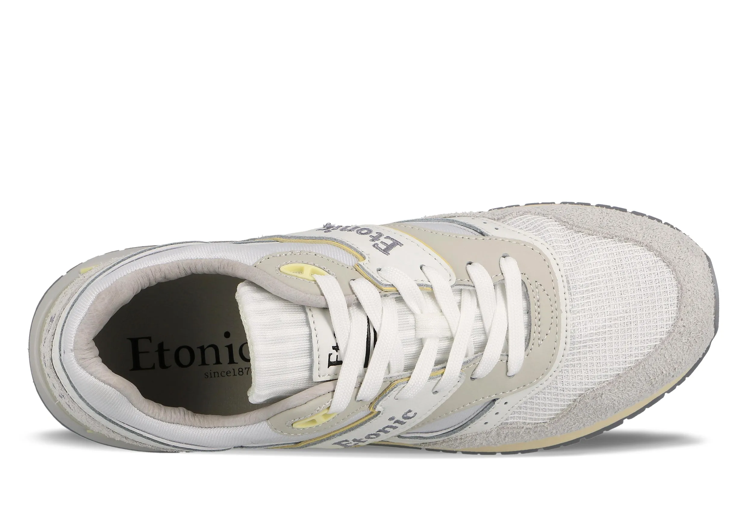 Etonic Stable Base sneakers in white mesh fabric, ice-grey suede with multi-layer white leather inserts, smoke grey and yellow details, beige midsole and smoke grey bottom outsole.