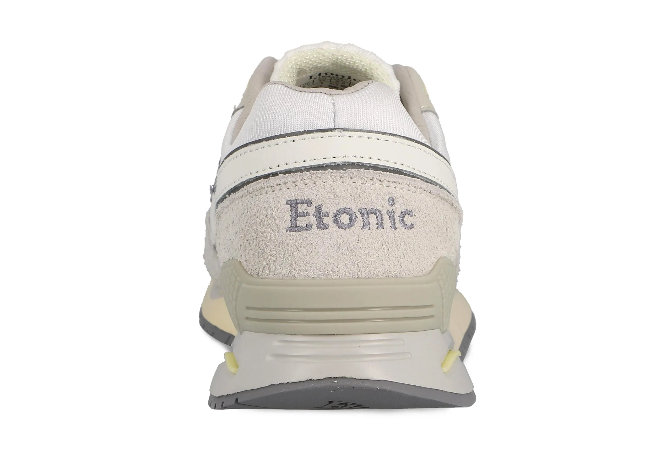 Etonic Stable Base sneakers in white mesh fabric, ice-grey suede with multi-layer white leather inserts, smoke grey and yellow details, beige midsole and smoke grey bottom outsole.
