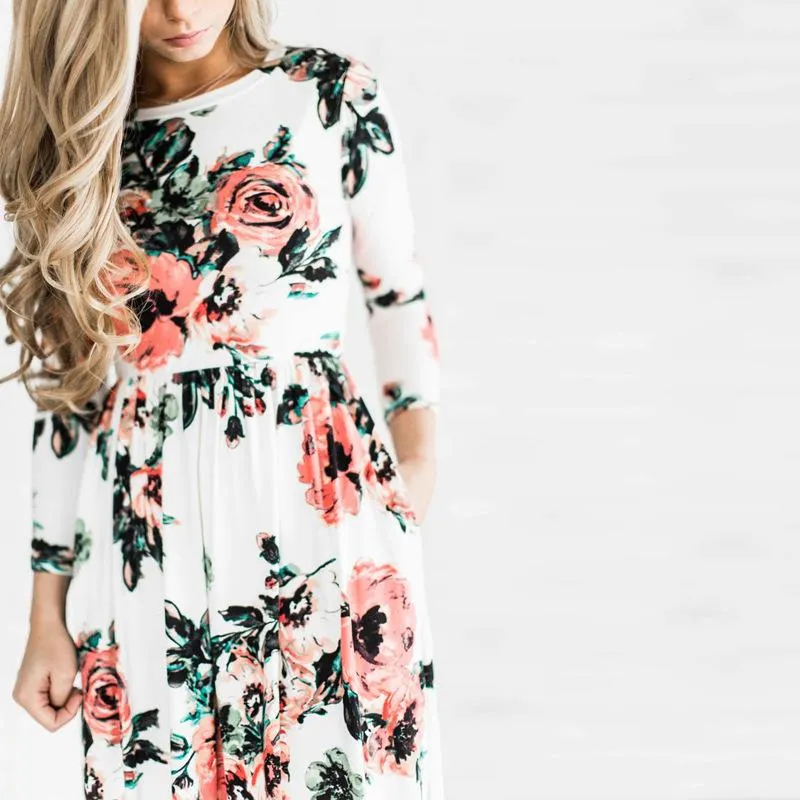 Long Sleeve Floral Print Belt Maxi Dress