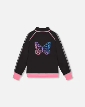 Printed Reversible Full Zip Athletic Cardigan Pink, Blue And Butterflies